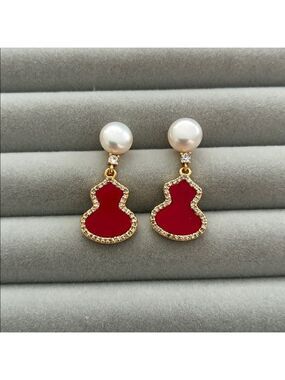 Red Lucky Gourd Pearl Earrings | Sterling Silver Posts | Christmas Gift for Her
